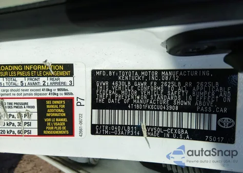 2012 Toyota Camry Hybrid Xle z USA, uszkodzony, nr VIN 4T1BD1FK6CU043908